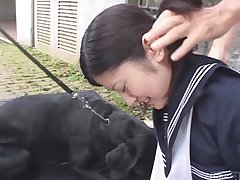 Sexy asian teen girl sucking by red big dog dick